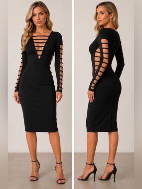 Fashion Nova Black Strappy Long Sleeve Bodycon Dress